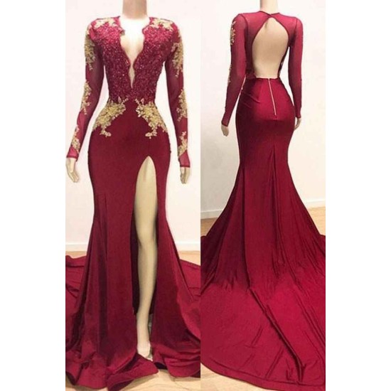 Deep V-neck Long Sleevess Lace Appliques Split Mermaid Evening Gowns