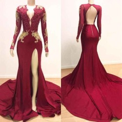 Deep V-neck Long Sleevess Lace Appliques Split Mermaid Evening Gowns