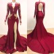 Deep V-neck Long Sleevess Lace Appliques Split Mermaid Evening Gowns