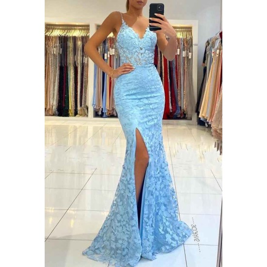 V-neck Sky Blue High Split Special Lace Design Evening Dress