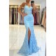 V-neck Sky Blue High Split Special Lace Design Evening Dress