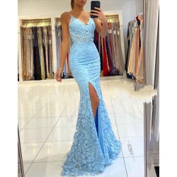 V-neck Sky Blue High Split Special Lace Design Evening Dress