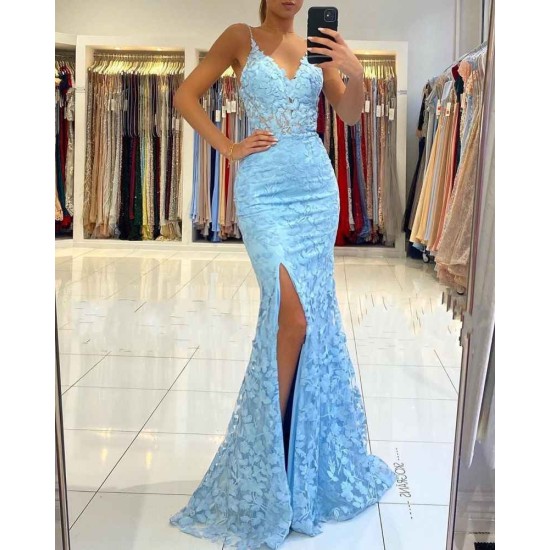 V-neck Sky Blue High Split Special Lace Design Evening Dress