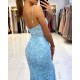 V-neck Sky Blue High Split Special Lace Design Evening Dress