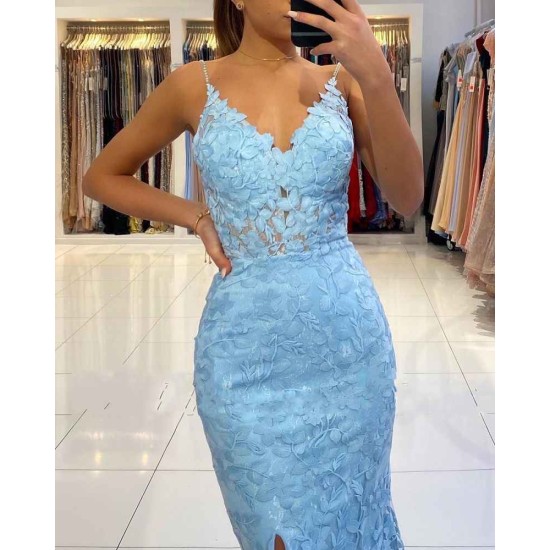 V-neck Sky Blue High Split Special Lace Design Evening Dress