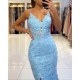 V-neck Sky Blue High Split Special Lace Design Evening Dress