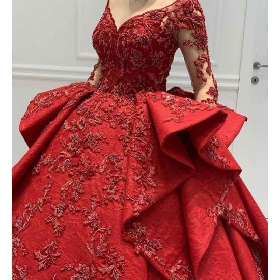 Burgundy Lace Appliques Long Sleevess V-neck Ruffles Ball Gowns Evening Gowns