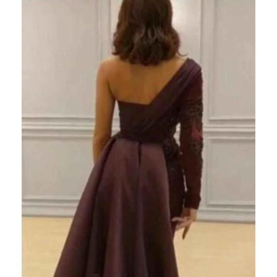 Graceful Asymmetric Splicing One Shoulder Appliques Spandex Satin Party Dresses Floor Length Open Back Evening Gowns With Waist Band