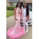 Pink Halter Gold Sequins Prom Dresses Mermaid Feather Evening Dress