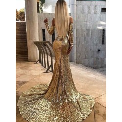 Wholesale Off-the-Shoulder Champagne Sequins Prom Dresses Elegant Long Sleeves Side Slit Evening Gowns