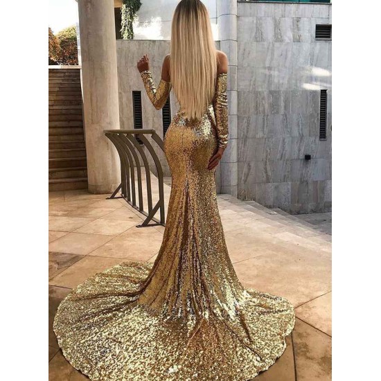 Wholesale Off-the-Shoulder Champagne Sequins Prom Dresses Elegant Long Sleeves Side Slit Evening Gowns