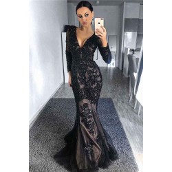 Charming Black Tulle Nude Lining Evening Dresses with Sleeves Elegant Long Sleeves Beads Appliques Prom Dresses