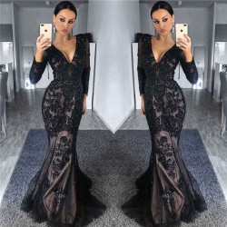 Charming Black Tulle Nude Lining Evening Dresses with Sleeves Elegant Long Sleeves Beads Appliques Prom Dresses