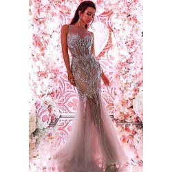 Beautiful Sleeveless Silver Beading Crystals Evening Dresses Wholesale Tulle Fit and Flare Prom Dresses