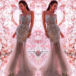 Beautiful Sleeveless Silver Beading Crystals Evening Dresses Wholesale Tulle Fit and Flare Prom Dresses