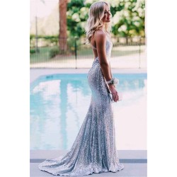 Wholesale Open Back Silver Sequins Evening Dress Fit and Flare Spaghetti Straps Fomral Dressn