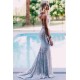 Wholesale Open Back Silver Sequins Evening Dress Fit and Flare Spaghetti Straps Fomral Dressn