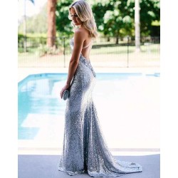 Wholesale Open Back Silver Sequins Evening Dress Fit and Flare Spaghetti Straps Fomral Dressn