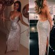 Chic Slit Backless Sparkle Evening Dresses Silver Sequins Halter V-neck Open Back Formal Dress