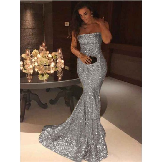 Sparkle Gold Sequins Mermaid Evening Gowns Chic Strapless Prom Dresses