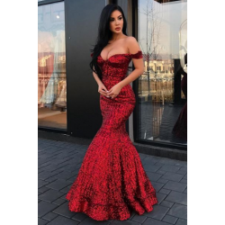New Arrival Mermaid Charming Sequined Evening Dresses Off-The-Shoulder Floor Length Prom Dresses