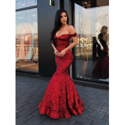 New Arrival Mermaid Charming Sequined Evening Dresses Off-The-Shoulder Floor Length Prom Dresses
