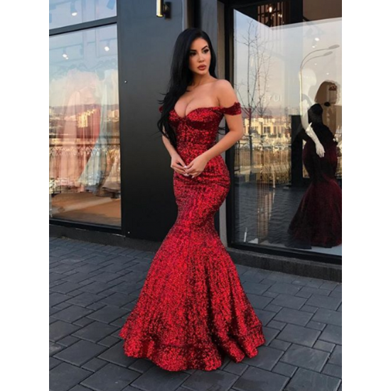New Arrival Mermaid Charming Sequined Evening Dresses Off-The-Shoulder Floor Length Prom Dresses