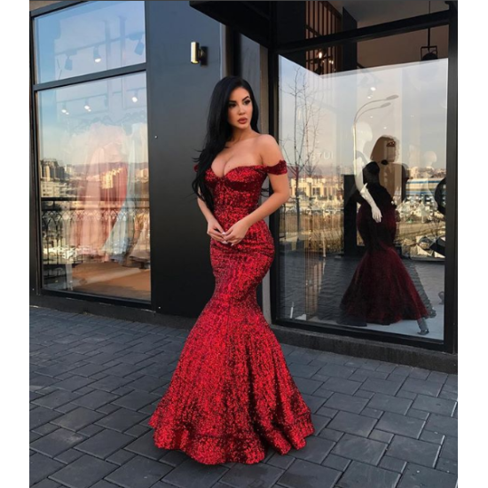 New Arrival Mermaid Charming Sequined Evening Dresses Off-The-Shoulder Floor Length Prom Dresses