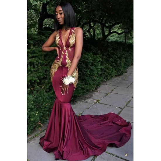 Burgundy V-Neck Prom Dress, Mermaid Evening Dress
