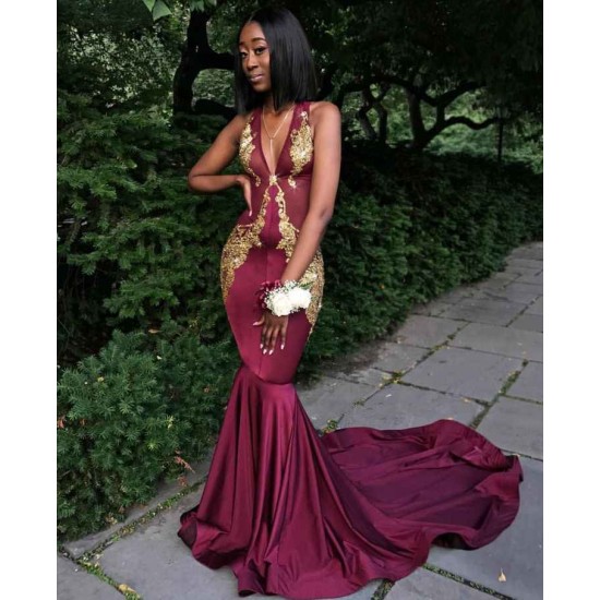 Burgundy V-Neck Prom Dress, Mermaid Evening Dress