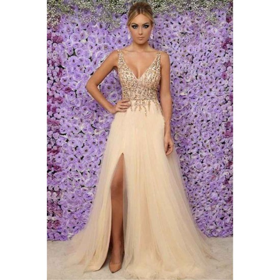 Chic V-Neck Sleeveless Long Evening Dresses Tulle Crystals Side Slit Prom Party Gowns