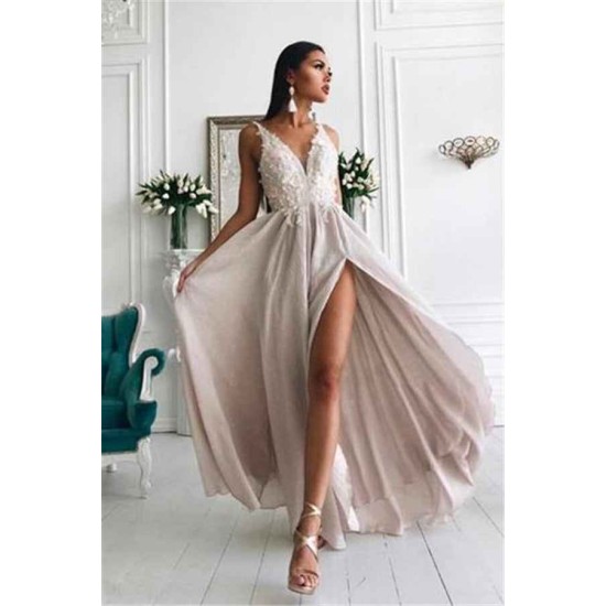 Light Chiffon Chic Slit Formal Dresses Lace Appliques Popular Long Evening Dress