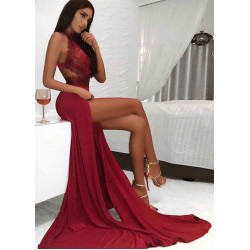 Chic Burgundy High Neck Long Evening Dresses Lace Open Back Prom Party Gowns