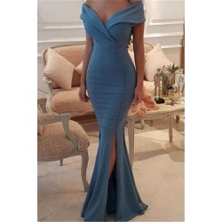 Elegant Off-the-Shoulder Slit Mermaid Buttons Evening Dress Long On Sale