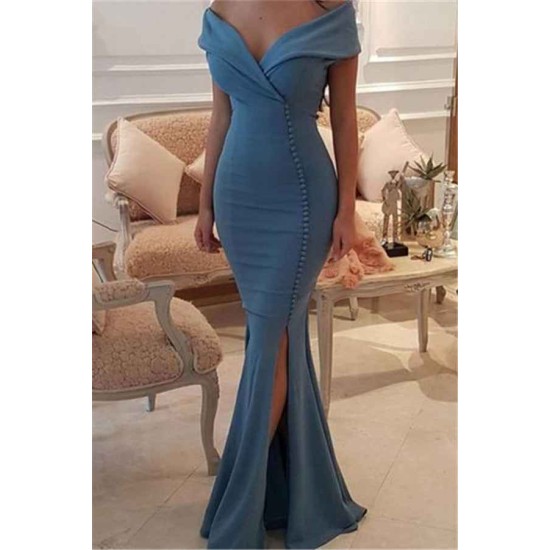 Elegant Off-the-Shoulder Slit Mermaid Buttons Evening Dress Long On Sale