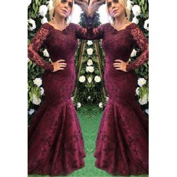 Elegant Long Sleeves Burgundy Evening Dress Mermaid Lace Appliques