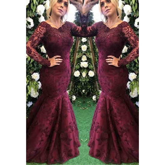 Elegant Long Sleeves Burgundy Evening Dress Mermaid Lace Appliques