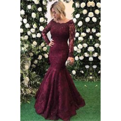 Elegant Long Sleeves Burgundy Evening Dress Mermaid Lace Appliques