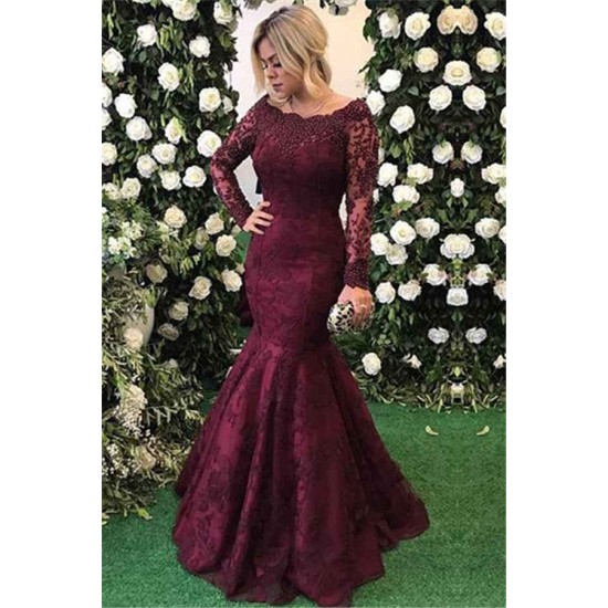 Elegant Long Sleeves Burgundy Evening Dress Mermaid Lace Appliques