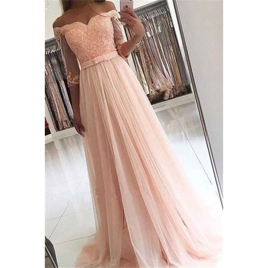 Alluring Side-Slit Elegant Lace V-Neck Black Tulle Long Sleevess Off-the-shoulder Evening Dresses