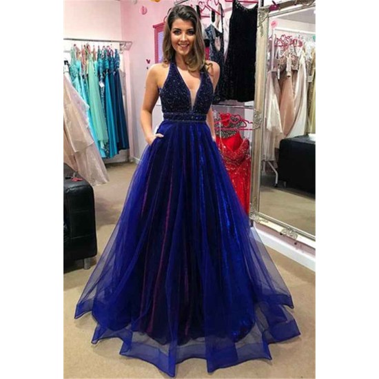 Elegant V-Neck Evening Dress Prom Party Gowns with Beadings