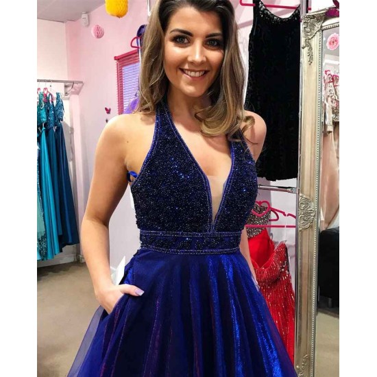 Elegant V-Neck Evening Dress Prom Party Gowns with Beadings