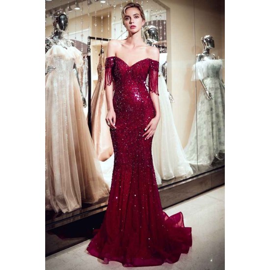 MELISSA Mermaid Off-the-shoulder V-neck Floor Length Sequins Evening Dresses