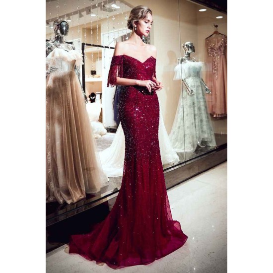 MELISSA Mermaid Off-the-shoulder V-neck Floor Length Sequins Evening Dresses