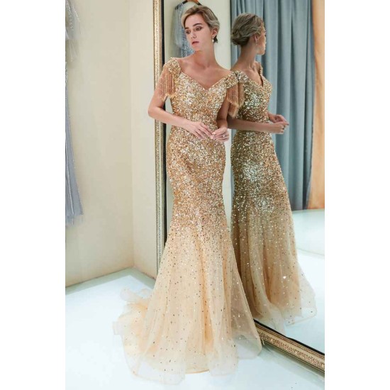 MELISSA Mermaid Off-the-shoulder V-neck Floor Length Sequins Evening Dresses