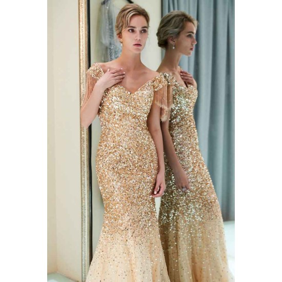 MELISSA Mermaid Off-the-shoulder V-neck Floor Length Sequins Evening Dresses