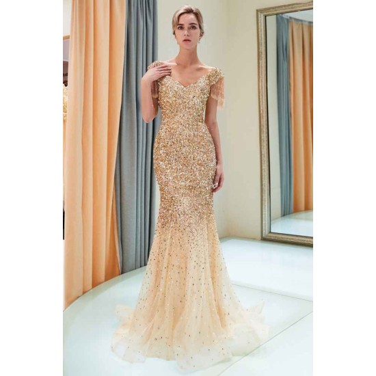 MELISSA Mermaid Off-the-shoulder V-neck Floor Length Sequins Evening Dresses