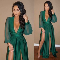Elegant V-Neck Long Sleeves Prom Party GownsGreen Split Long Evening Gowns
