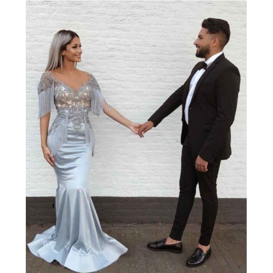 Elegant Mermaid Sky Blue Evening Gowns V-Neck Prom Dresses with Tassels