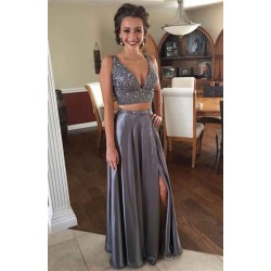 Modest Crystals V-neck Two Piece Front Split Evening Gown